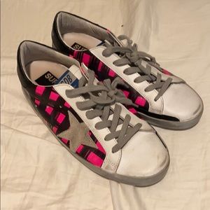 Golden goose pink and black plaid superstar